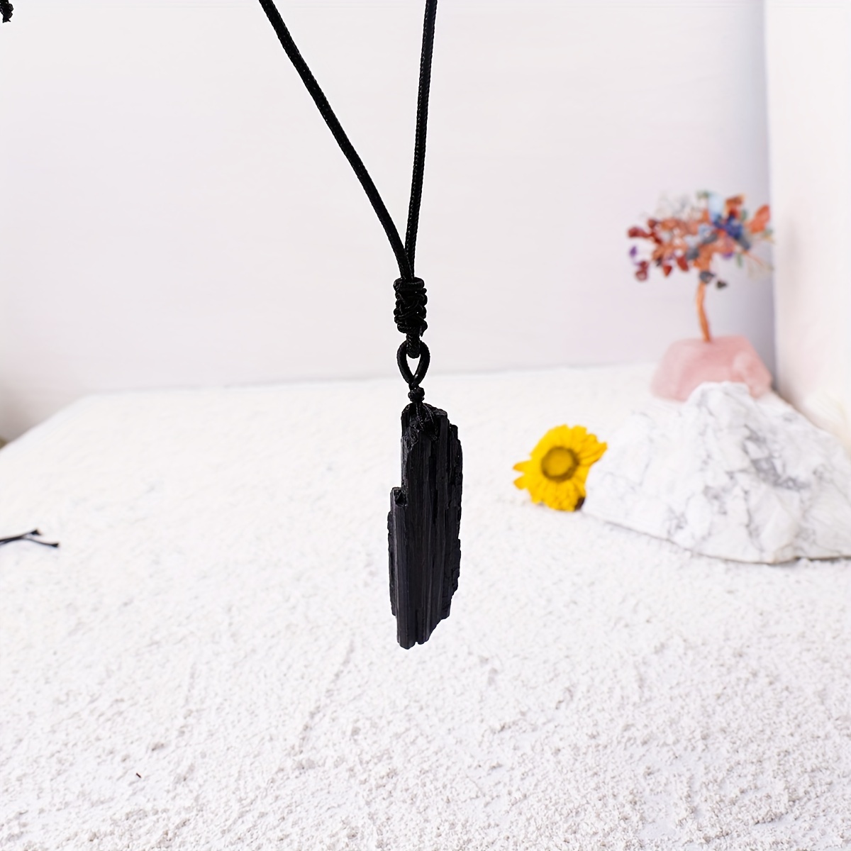 Natural Black Stone Necklace, Irregular Pillar Pendant for Unisex